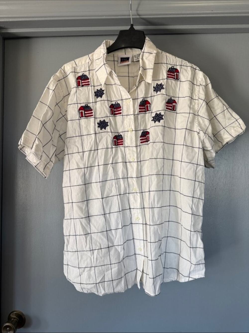 100% Cotton Americana Embroidery Button Top Windowpane Plaid sz 1X Short Sleeves